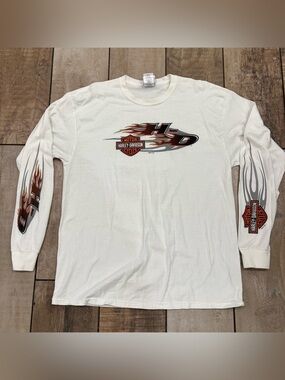 Vintage Y2K Harley Davidson white long sleeve shirt with flame design Size XL